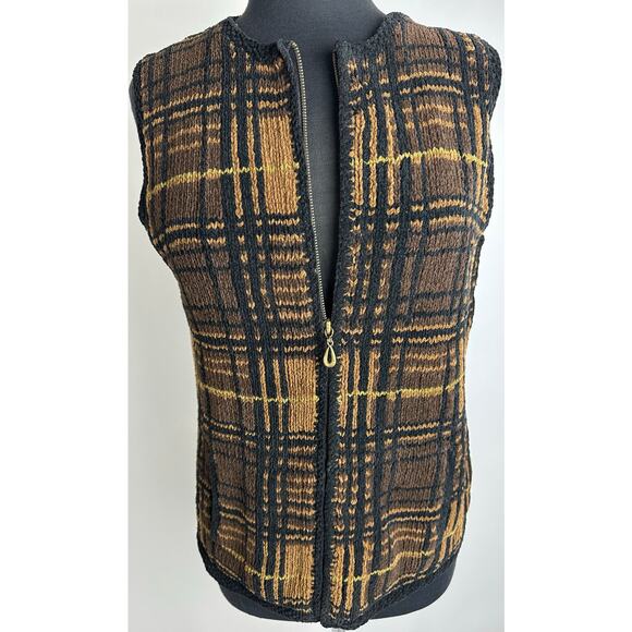 Vintage Harold's Size Large Woven Knit Vest Black Brown Full Zip Retro Hipster - Picture 3 of 13